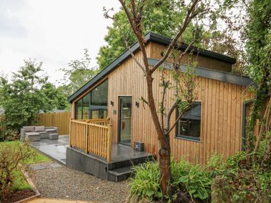 A wooden cabin with a deck and outdoor sofa set surrounded by trees and plants at The Nest Brython in Tenby
