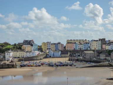 A harbor with boats on the sand and colorful buildings in the background at The Nest Brython in Tenby