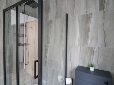 A bathroom with a glass shower enclosure a black toilet paper holder with a roll and a black cabinet with a small plant on top at Cornerstones Brython in Tenby