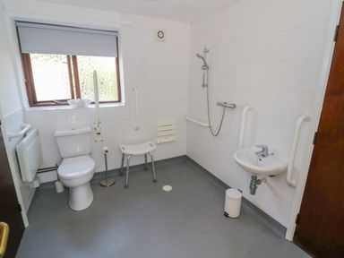 A bathroom with a toilet shower seat sink and handrails at The Paddock in New Yatt near Witney