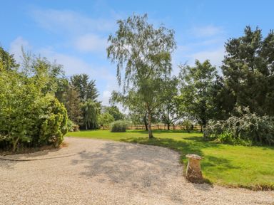 A garden with gravel driveway and various trees under a blue sky at The Paddock in New Yatt near Witney
