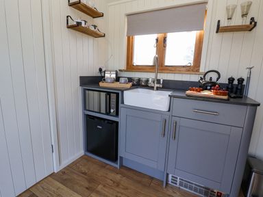 A kitchen corner with a sink microwave fridge kettle and food on the counter at Cariad Bach in Gwaenysgor near Prestatyn