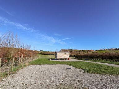 A small wooden cabin on wheels in a grassy fenced field with a gravel path at Cariad Bach in Gwaenysgor near Prestatyn