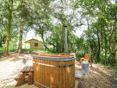 An outdoor area with a wooden hot tub a wooden chair and a small wooden house surrounded by trees at Willow in Dunchurch