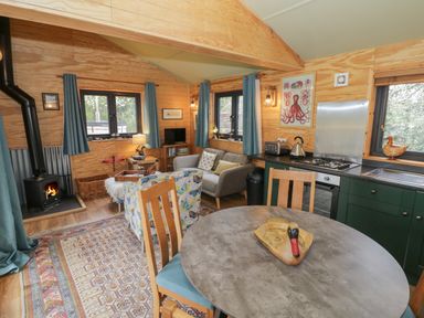 An open plan living area with dining table chairs sofa stove and kitchen at Dragonfly in Dunchurch