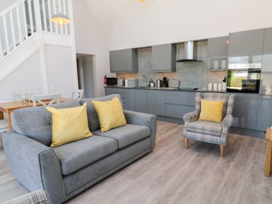 An open-plan living room with a grey sofa with yellow cushions a plaid armchair with a yellow cushion a wooden dining table with white chairs and a kitchen with grey cabinets and appliances at Willow Cottage in Combe Martin
