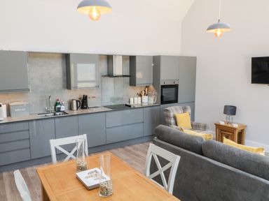 A kitchen with grey cabinets and appliances next to a dining table with white chairs and a living area with grey sofa and plaid armchair at Willow Cottage in Combe Martin