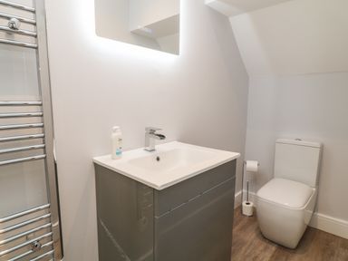 A bathroom with a sink cabinet a mirror toilet and a towel rack at Willow Cottage in Combe Martin