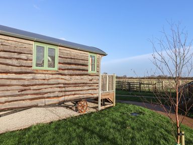 A wooden cabin with green framed windows and a small porch outside on grass at The Egyptologist in Bolton Percy near Tadcaster