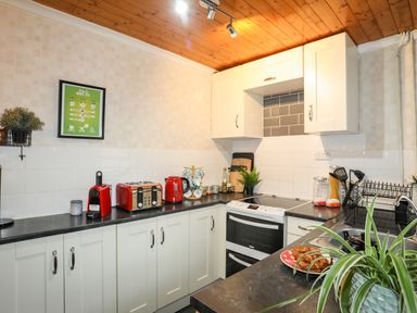 A kitchen with white cabinets red appliances and plants at 5 Thomas Street in Llanberis