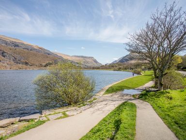 A path along a lake with trees and mountains in the background at 5 Thomas Street in Llanberis