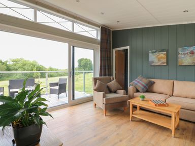 A living room with armchair sofa coffee table and plant next to large windows at Holly Lodge in Winthorpe near Newark-On-Trent