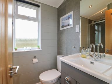 A bathroom with a toilet sink mirror and window at Cedar Lodge in Newark-On-Trent