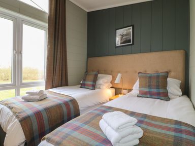 A bedroom with two single beds pillows bedside table lamp and window at Cedar Lodge in Newark-On-Trent