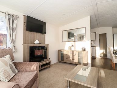 A living room with a sofa a wall mounted television fireplace cabinet coffee table and sideboard at Orion in Felmoor Park