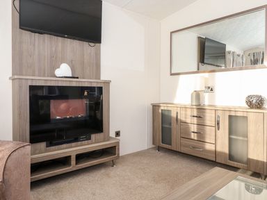 A living room with a wall-mounted TV above an electric fireplace and a wooden cabinet with a lamp and decorative item at Orion Felmoor Park