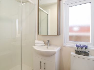 A bathroom with a shower enclosure sink with towels a mirror cabinet and a frosted window with flowers on a toilet cistern at Orion Felmoor Park