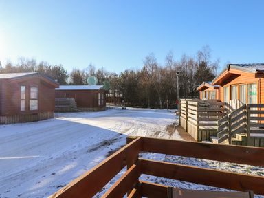 Wooden cabins on snowy ground with trees in the background at Orion Felmoor Park