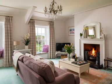 A living room with a purple sofa a coffee table with flowers and a bottle of wine a fireplace with a fire and large windows with curtains at Tros Yr Afon in Beaumaris