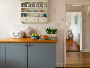 A kitchen counter with toaster green apples bread and plants and cups on shelves at Tros Yr Afon in Beaumaris