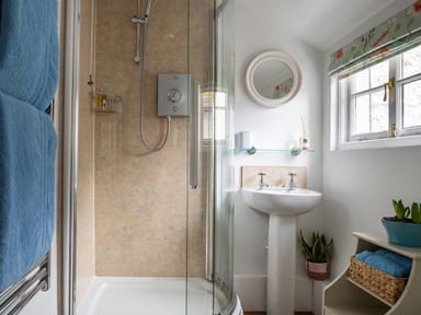 A bathroom with a shower, a pedestal sink, a round mirror, blue towels, and plants at Tros Yr Afon in Beaumaris