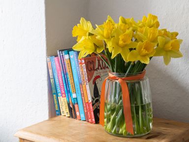 A bouquet of yellow daffodils in a glass vase with an orange ribbon and a row of books on a wooden surface at Tros Yr Afon in Beaumaris
