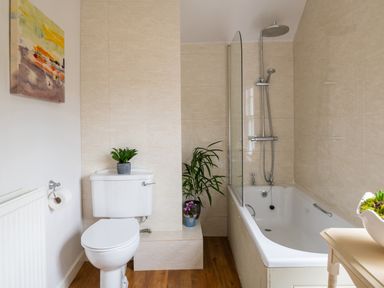 A bathroom with a toilet a bathtub with shower plants on a ledge and a table at Tros Yr Afon in Beaumaris