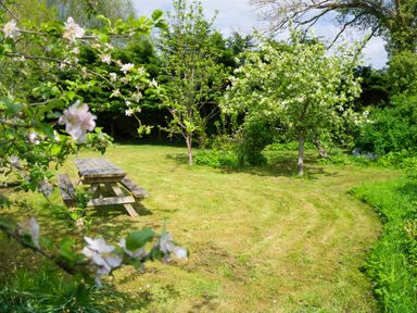 A garden with a wooden picnic table and blossoming trees at Tros Yr Afon in Beaumaris