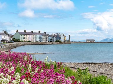 A pebble beach with flowers in front of pastel colored houses along a curved waterfront at Tros Yr Afon in Beaumaris