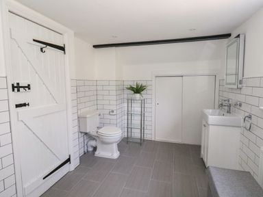 A bathroom with a toilet, white door, small glass shelving unit with plant, sink with mirror cabinet, and tiled walls at Lime Cottage in Burton Bradstock