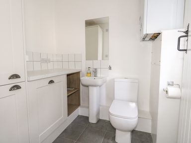 A bathroom with a toilet sink mirror cabinet and tiled floor at Lime Cottage in Burton Bradstock
