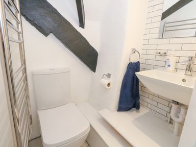 A small bathroom with a toilet sink towel and mirror at Lime Cottage in Burton Bradstock