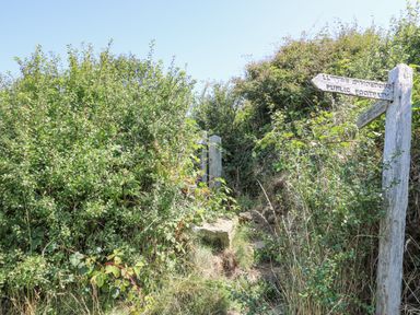 A narrow footpath surrounded by dense bushes and a wooden public footpath sign at 2 Sunny Hill in Porthgain near St Davids