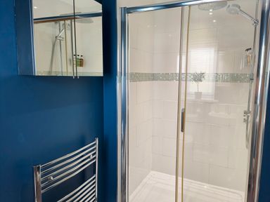 A bathroom with a glass shower enclosure a chrome towel warmer and a mirrored cabinet at Sanderson House in Cleator Moor