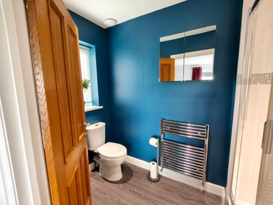 A bathroom with a toilet a towel radiator a window with blinds and a mirrored cabinet at Sanderson House in Cleator Moor