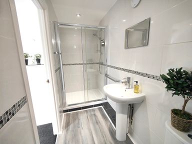 A bathroom with a shower enclosure a pedestal sink a mirror and plants at Sanderson House in Cleator Moor