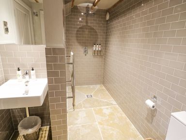 A bathroom with a walk-in shower sink a mirror and a toilet at Fairoaks Barns Hollybush near Ledbury