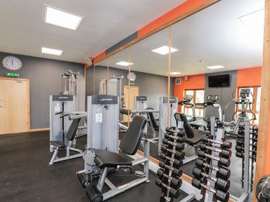 A gym room with exercise machines dumbbells and a wall mirror at Mallard Cottage in Penrith