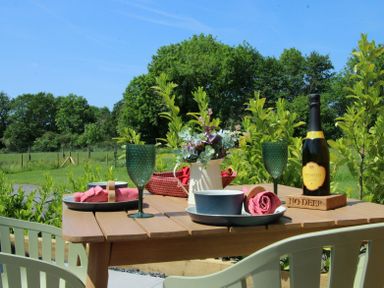 An outdoor table set with plates napkins wine glasses and a bottle of prosecco on a wooden stand with greenery in the background at No Deer in Ashbourne