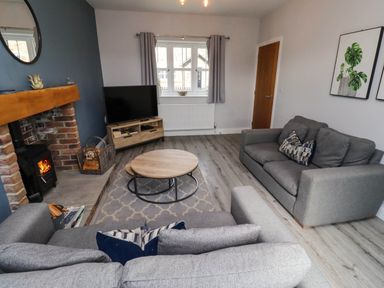 A living room with two gray sofas a round wooden coffee table a fireplace with fire TV on a wooden stand and framed plant prints on wall at Oak Cottage in Lucker near Warenford