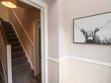 A hallway with carpeted stairs and a framed painting of a highland cow on the wall at Yew Cottage in Lucker near Warenford