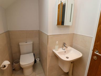 A small bathroom with a toilet, a sink with a soap dispenser, a wall-mounted mirror, a wooden door, and tiled walls at Yew Cottage in Lucker near Warenford