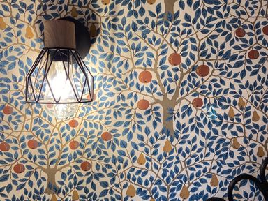 A wall light with a metal cage over a bulb on a wallpaper with blue leaves and orange and yellow fruit at Red Squirrels Drey in Lucker near Belford