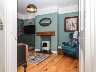 A living room with a teal armchair a wood floor a small white stove a television on a green cabinet and a framed picture on the wall at Rose Cottage in Bishopsteignton
