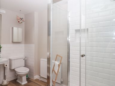 A bathroom with a toilet, sink, rectangular mirror, shower enclosure, towel rack, and a hanging decorative figure at Rose Cottage in Bishopsteignton