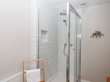 A bathroom with a glass shower enclosure white tiled walls a wooden towel rack with a white towel and an octopus-shaped wall hook at Rose Cottage in Bishopsteignton