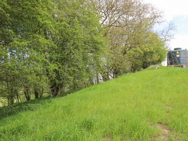 A grassy hill with trees on the side and a large tank at the top of the hill at Barcud Coch - Red Kite in Garthmyl