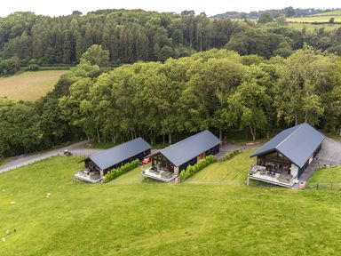 A view of three houses situated on grass near trees at Barcud Coch - Red Kite in Garthmyl