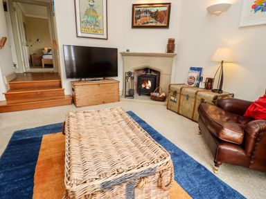 A living room with a wicker coffee table a leather armchair a wooden chest a fireplace with a wood stove and a TV on a wooden stand at Harness Lodge in Seahouses