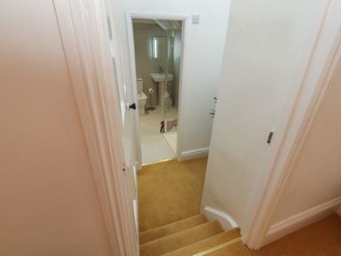 A hallway with carpeted stairs leading down to a bathroom with a toilet and sink at The Furness Haven in Barrow-In-Furness